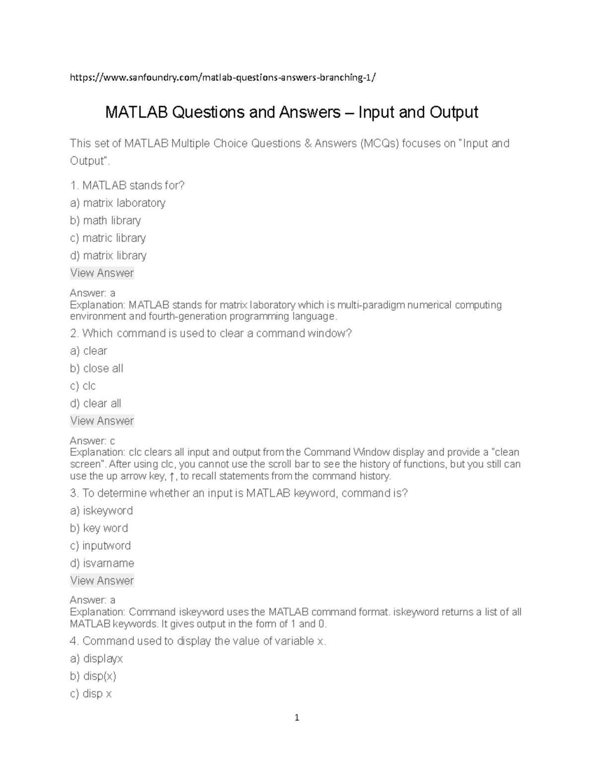 Mathlab multiple choice quetions with solutions sanfoundry/matlab