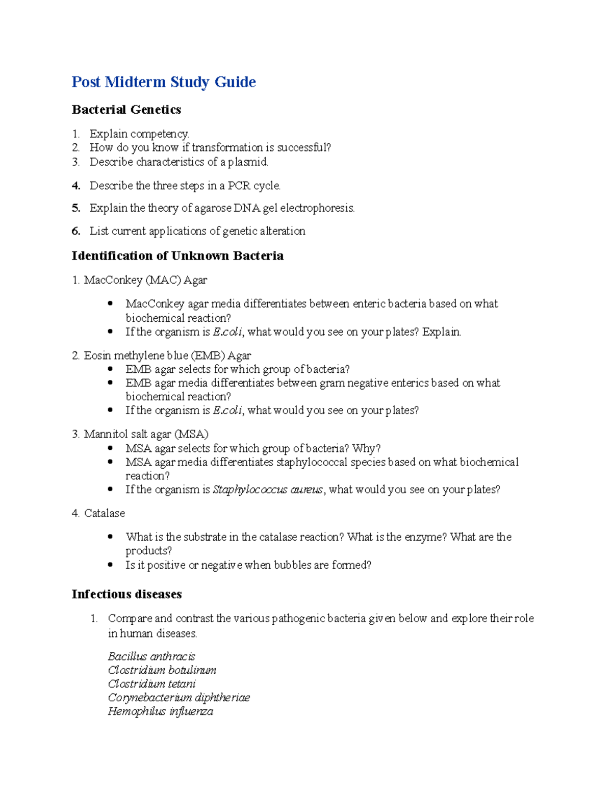 Post Midterm Study Guide-khs - Post Midterm Study Guide Bacterial ...