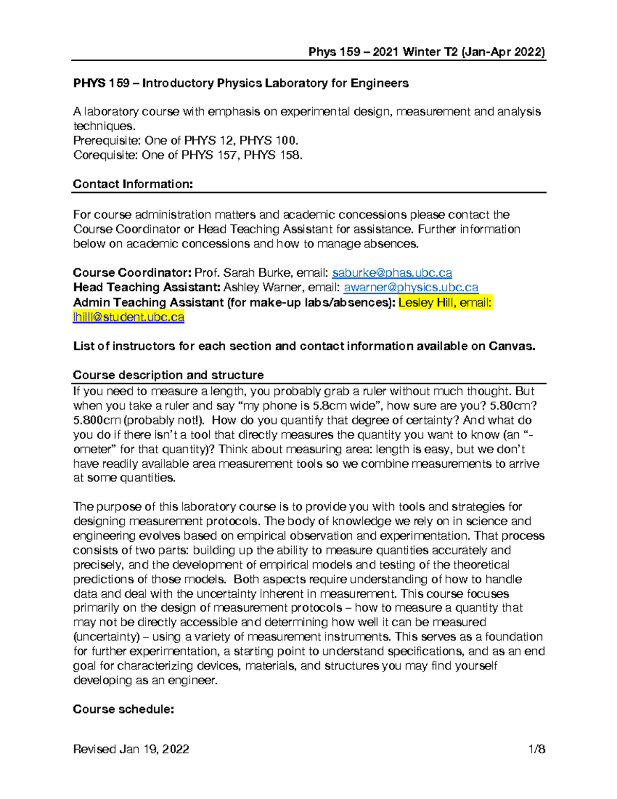 PHYS159 2021W2 Syllabus Rev2022011 9 - PHYS 159 – Introductory Physics ...