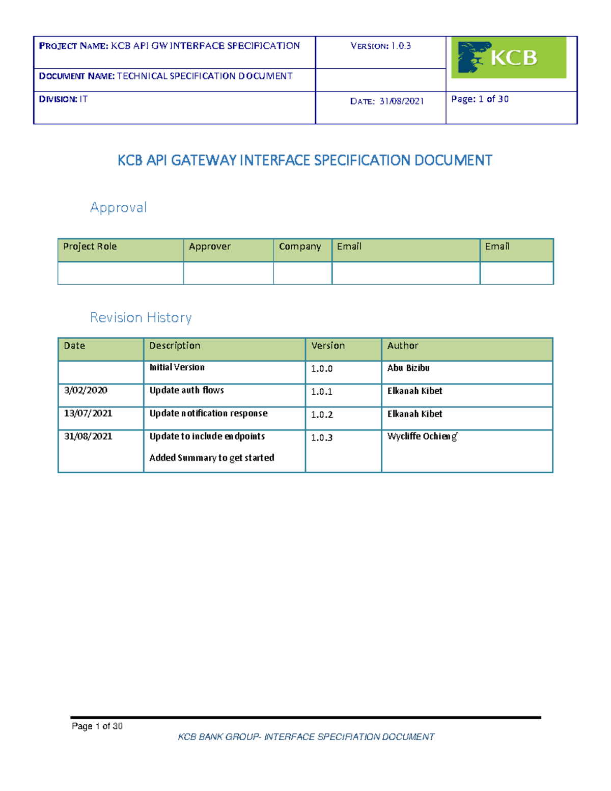 KCB API Gateway Interface Specificationv 7 - DOCUMENT NAME: TECHNICAL ...