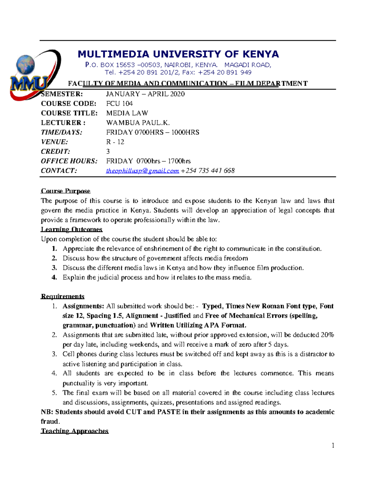 Course Outline Media LAW FILM Department - FACULTY OF MEDIA AND ...
