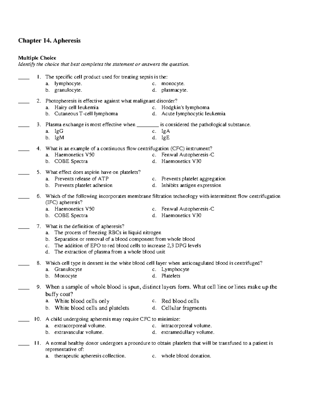 Apheresis Multiple Choice Quiz - Studocu