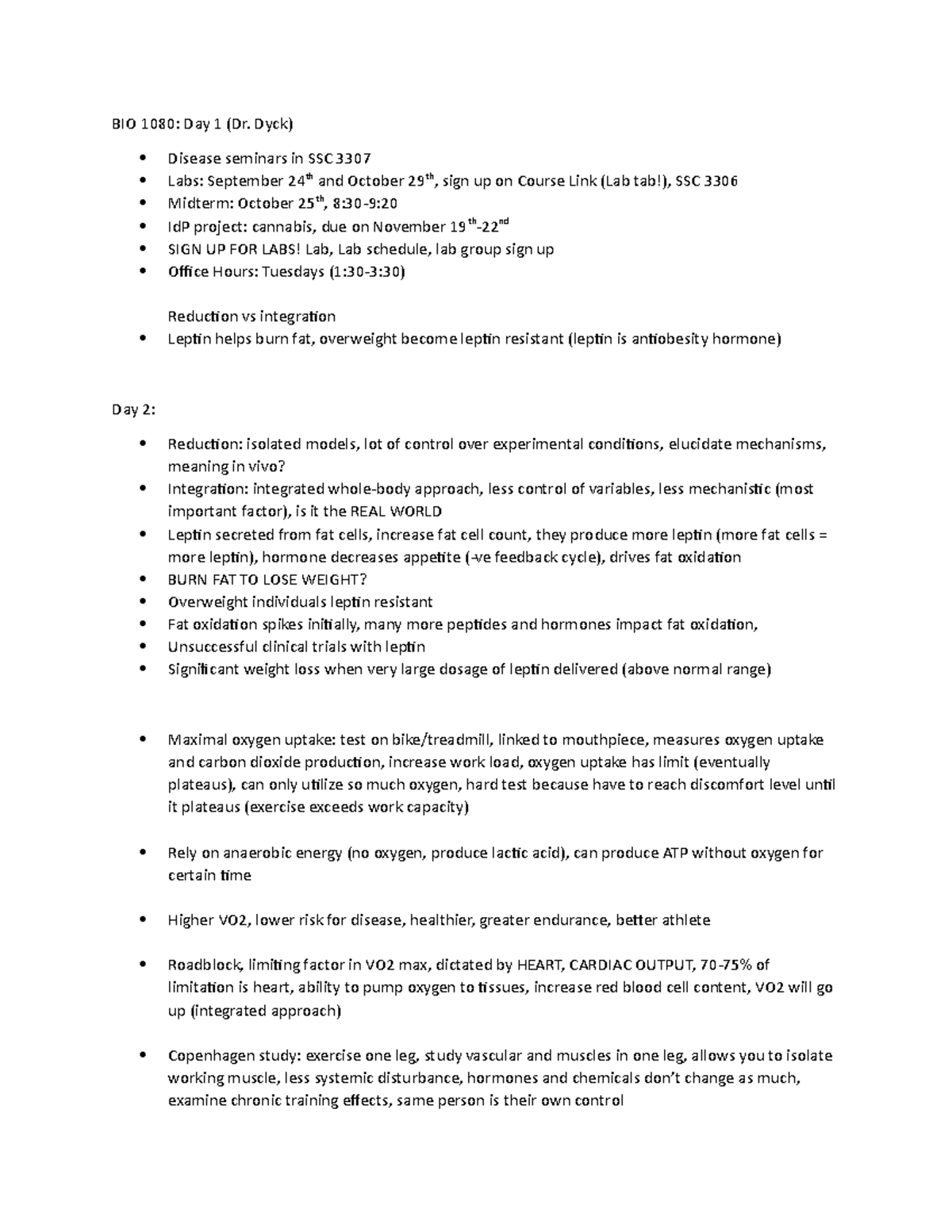 Day 1 - Lecture notes 1 - BIO 1080: Day 1 (Dr. Dyck) Disease seminars ...