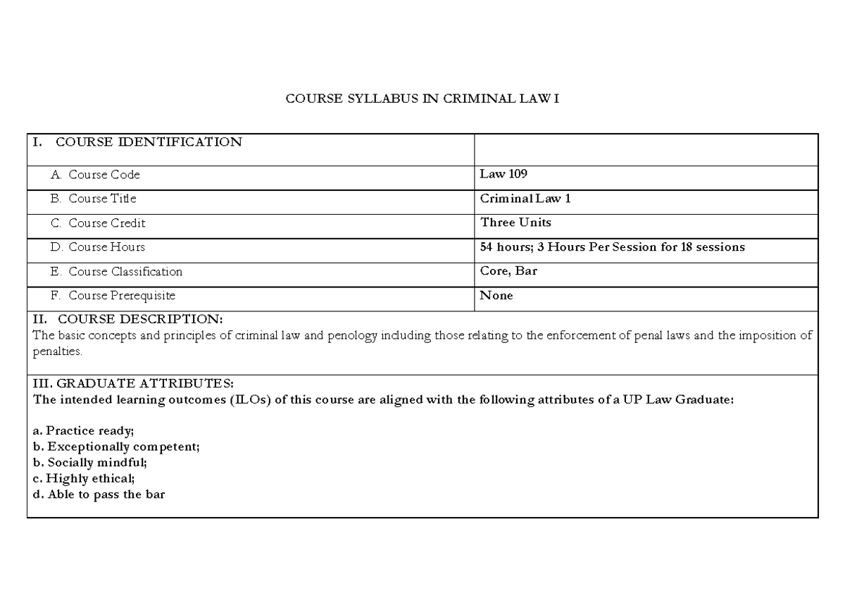 Criminal Law 1 Obedized Syllabus - COURSE SYLLABUS IN CRIMINAL LAW I I ...