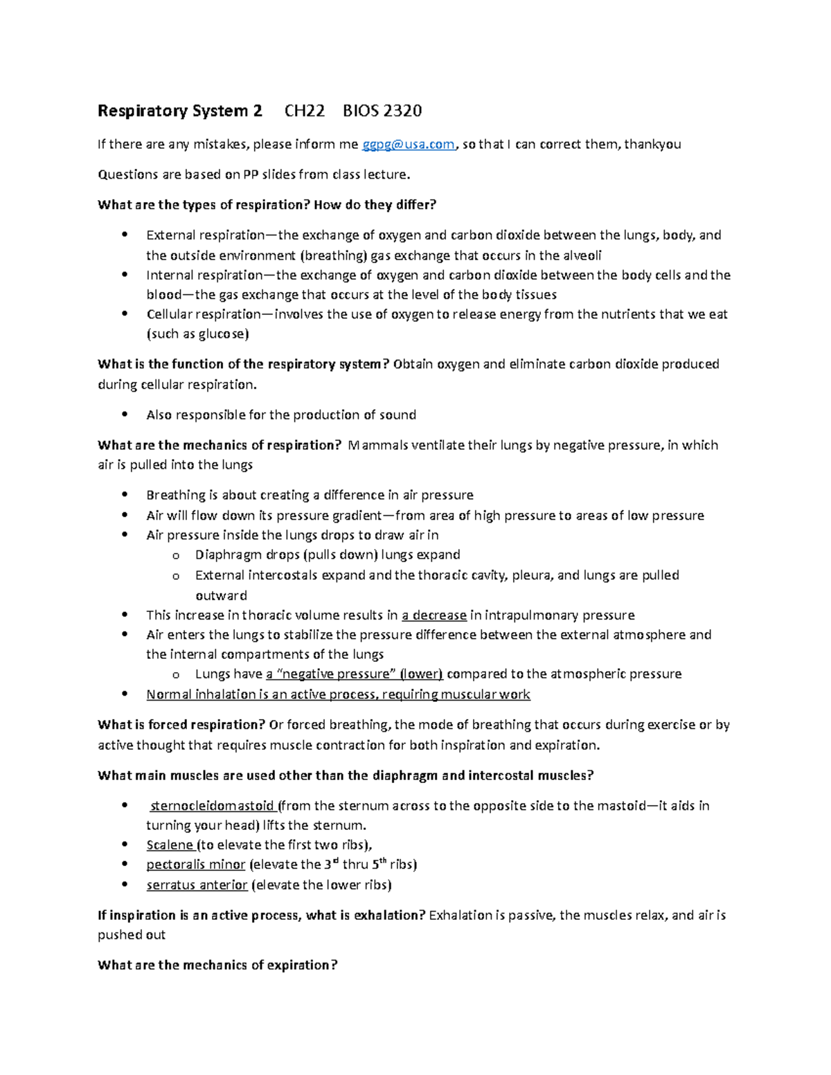 Respiratory System 2 Ch22 Bios 2320 Respiratory System 2 Ch22 Bios
