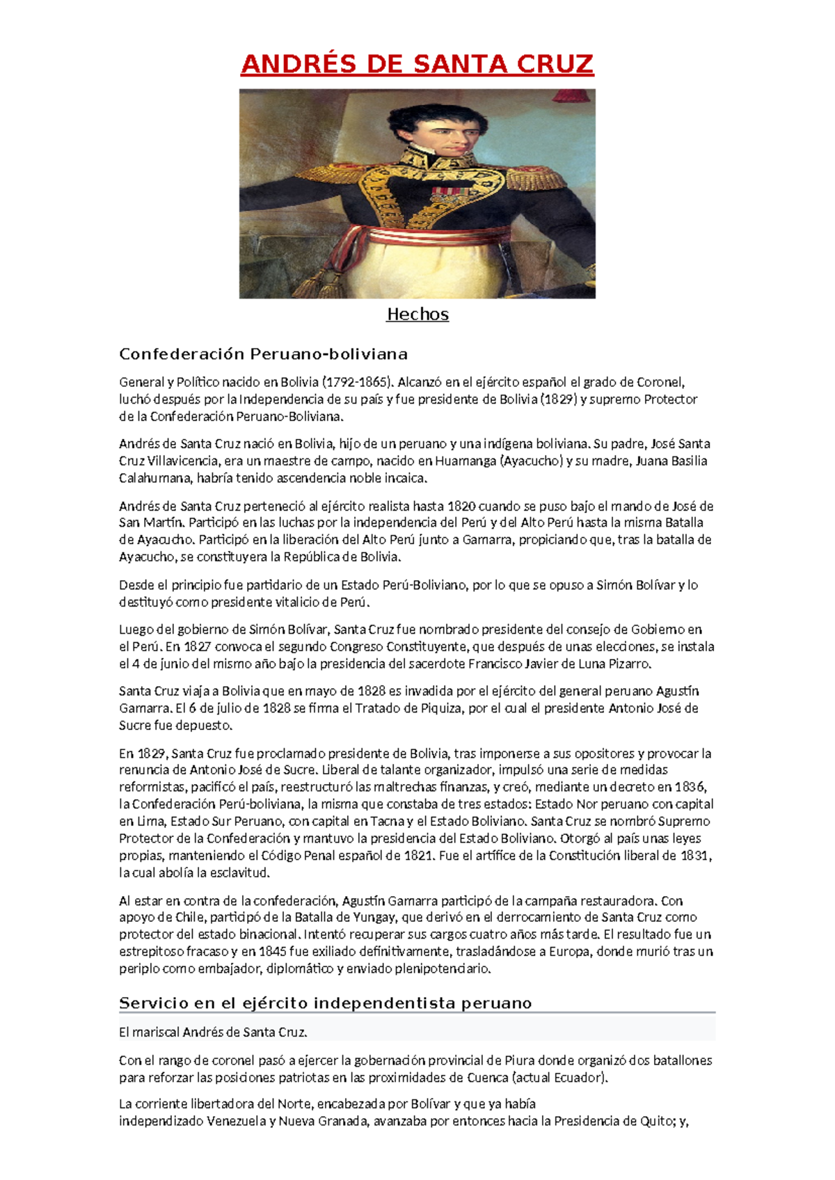 Andrés DE Santa CRUZ Historia - ANDRÉS DE SANTA CRUZ Hechos ...