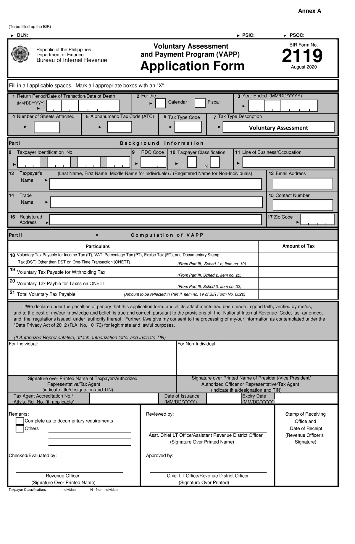 Annex A Application Form BIR Form 2119 - Annex A (To be filled up the ...