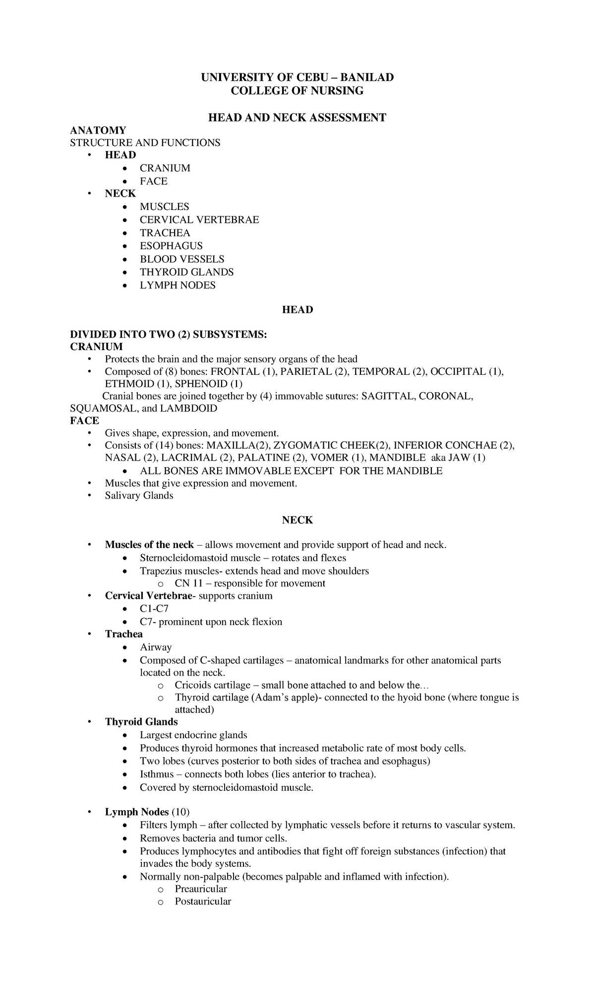 Assessment of the Head Neck notes - UNIVERSITY OF CEBU – BANILAD ...