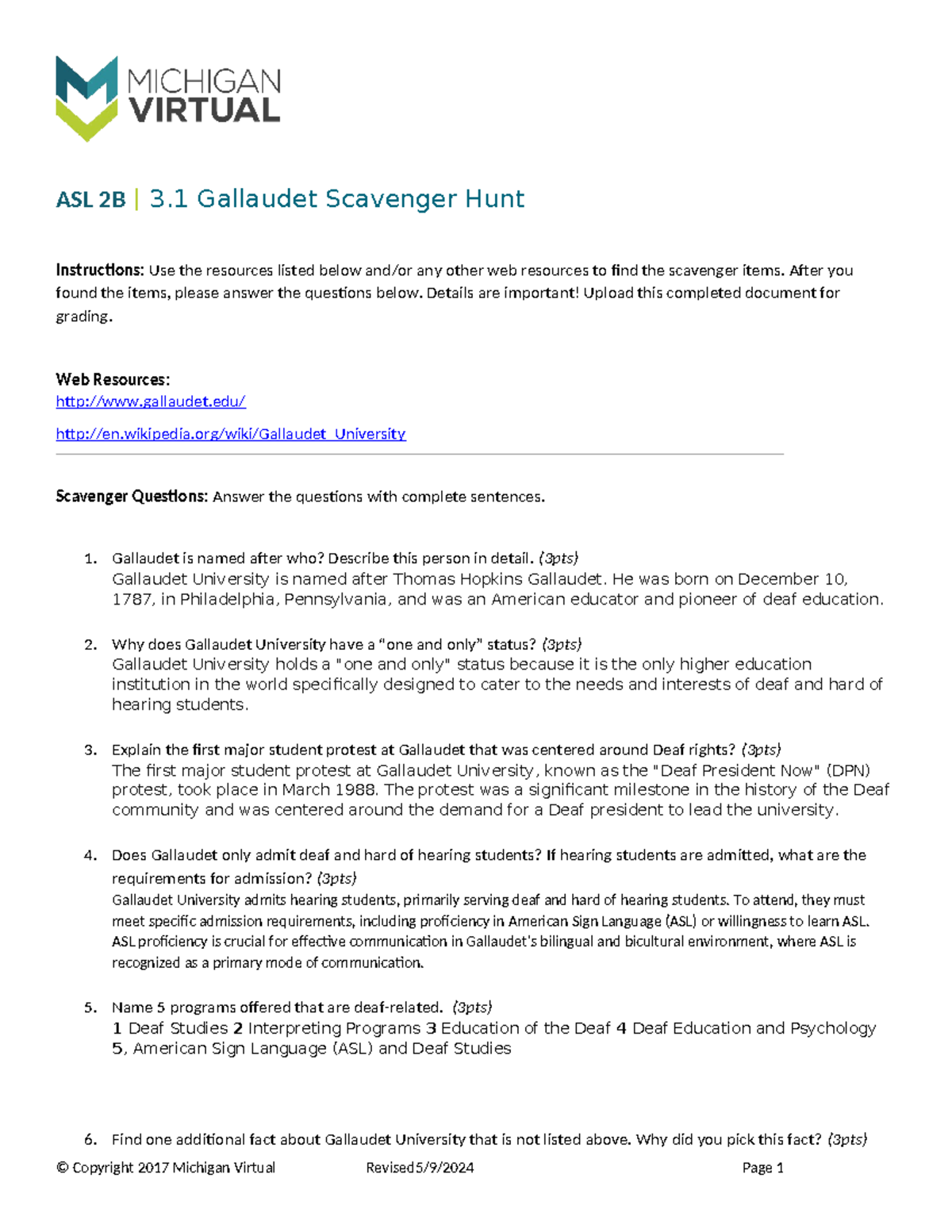 31 Gallaudet Scavenger Hunt ASL 2B 3 Gallaudet Scavenger Hunt Instructions Use the