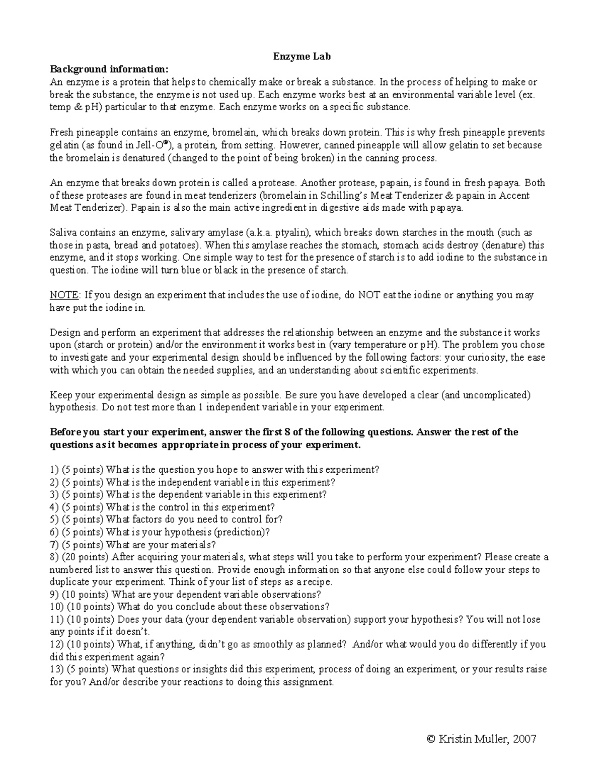 Enzyme Lab for Module 2 Enzyme Lab Background information An enzyme