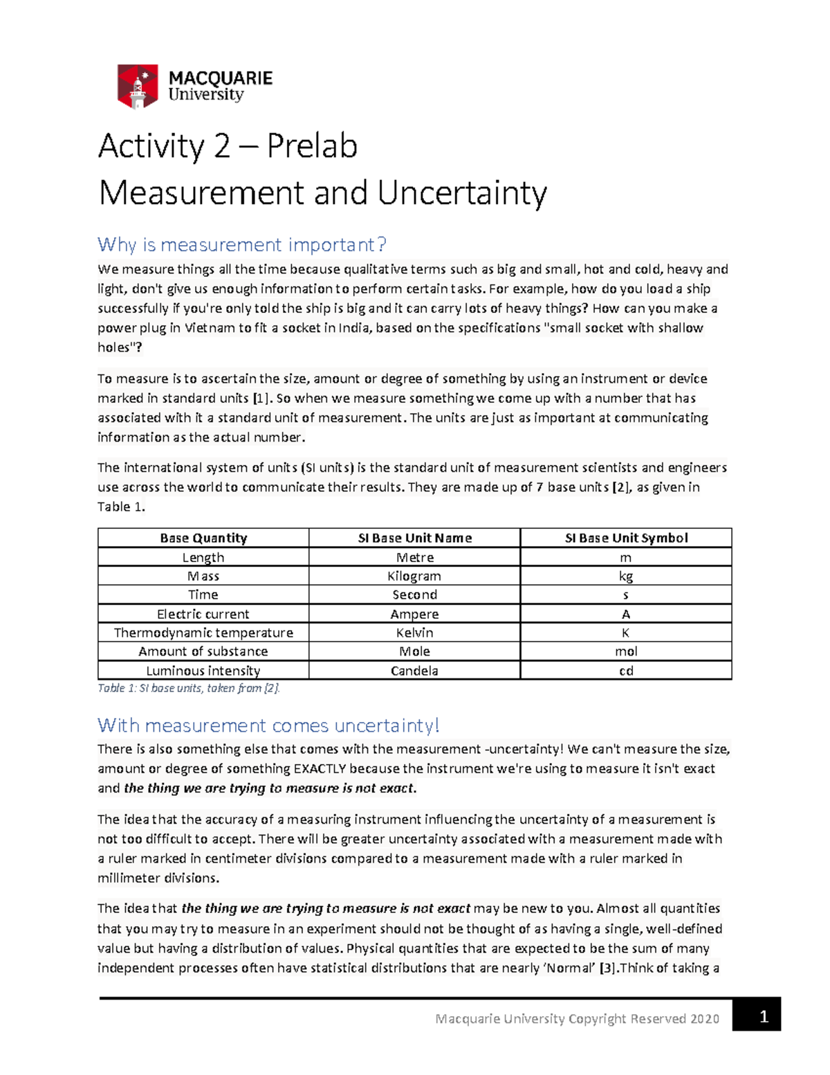 Activity 2 - Measurement And Uncertainty - Prelab 3-12-2020 - Macquarie ...