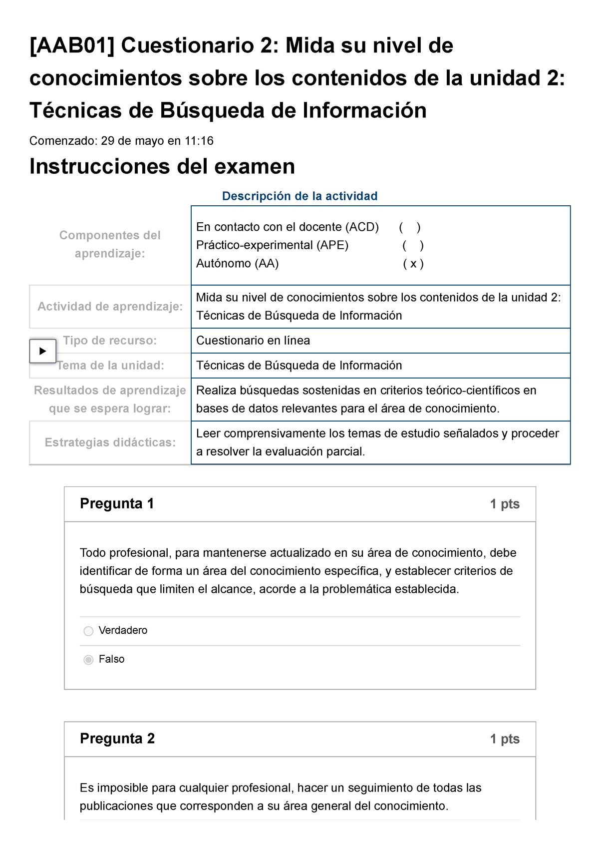 Examen [AAB01] Cuestionario 2 Mida Su Nivel De Conocimientos Sobre Los ...