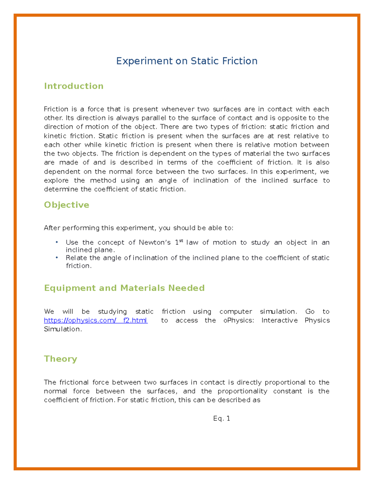 Experiment 3-JOSE - PHSYLAB - Eq. 1 Experiment on Static Friction ...
