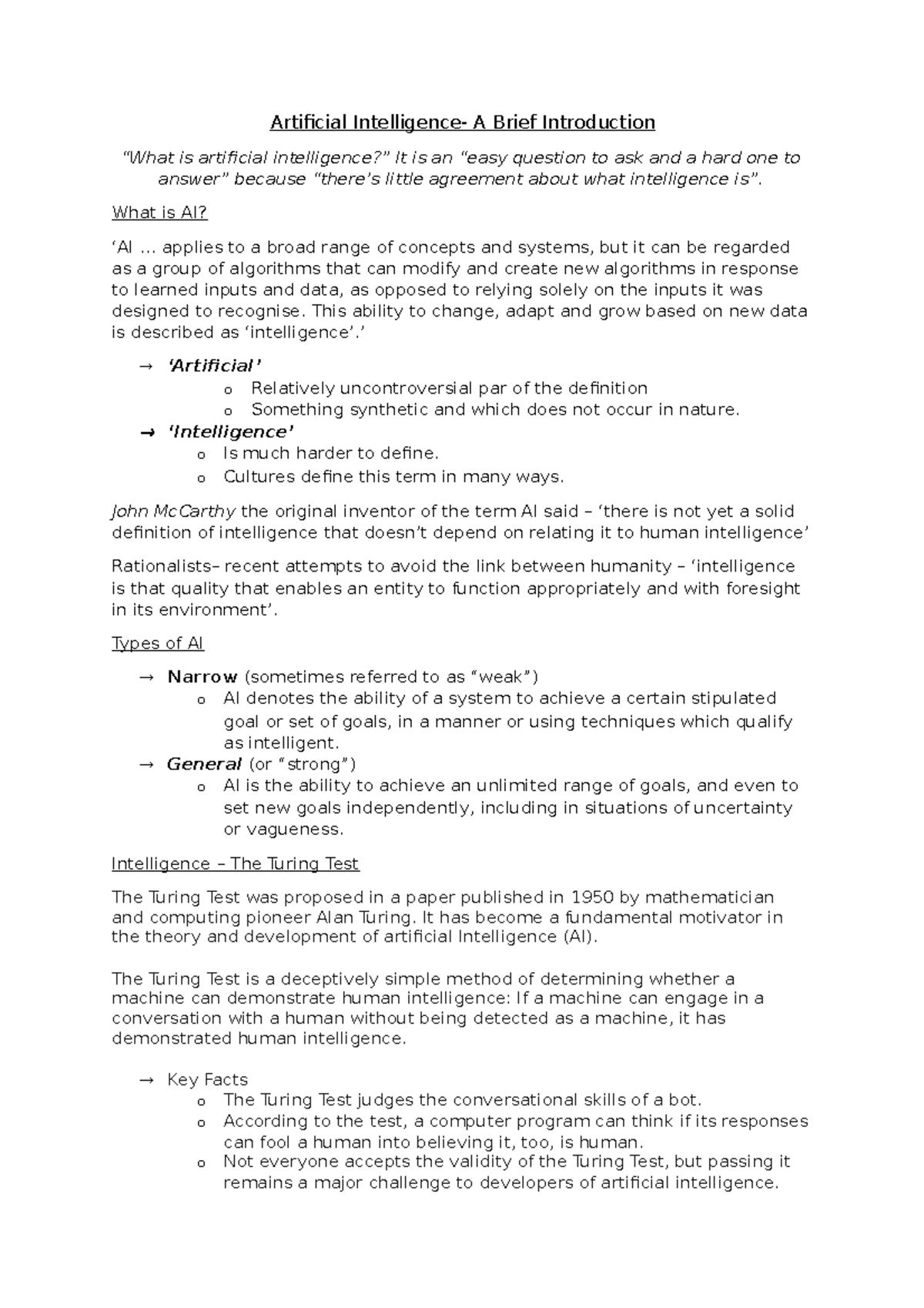 Ai - Lecture notes 1 - Artificial Intelligence- A Brief Introduction ...