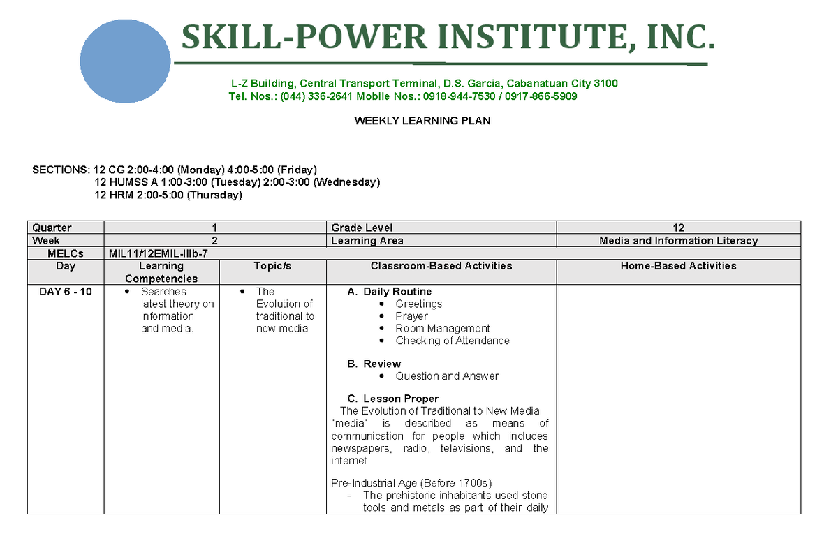 MIL WLP Week 2 - WLP WEEK 2 - WEEKLY LEARNING PLAN SECTIONS: 12 CG 2:00 ...