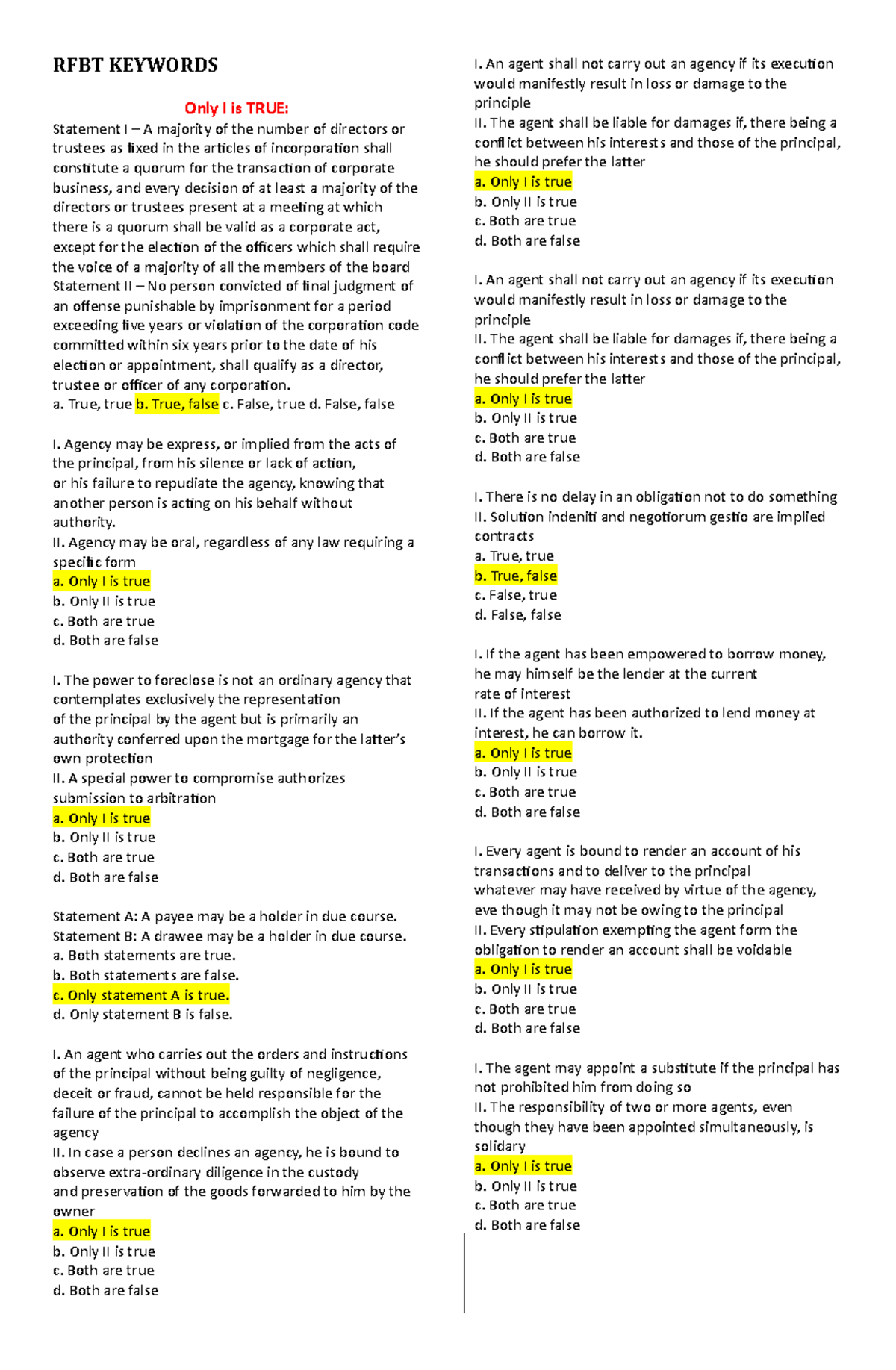 RFBT Keywords Practice Materials for Regulatory Framework and