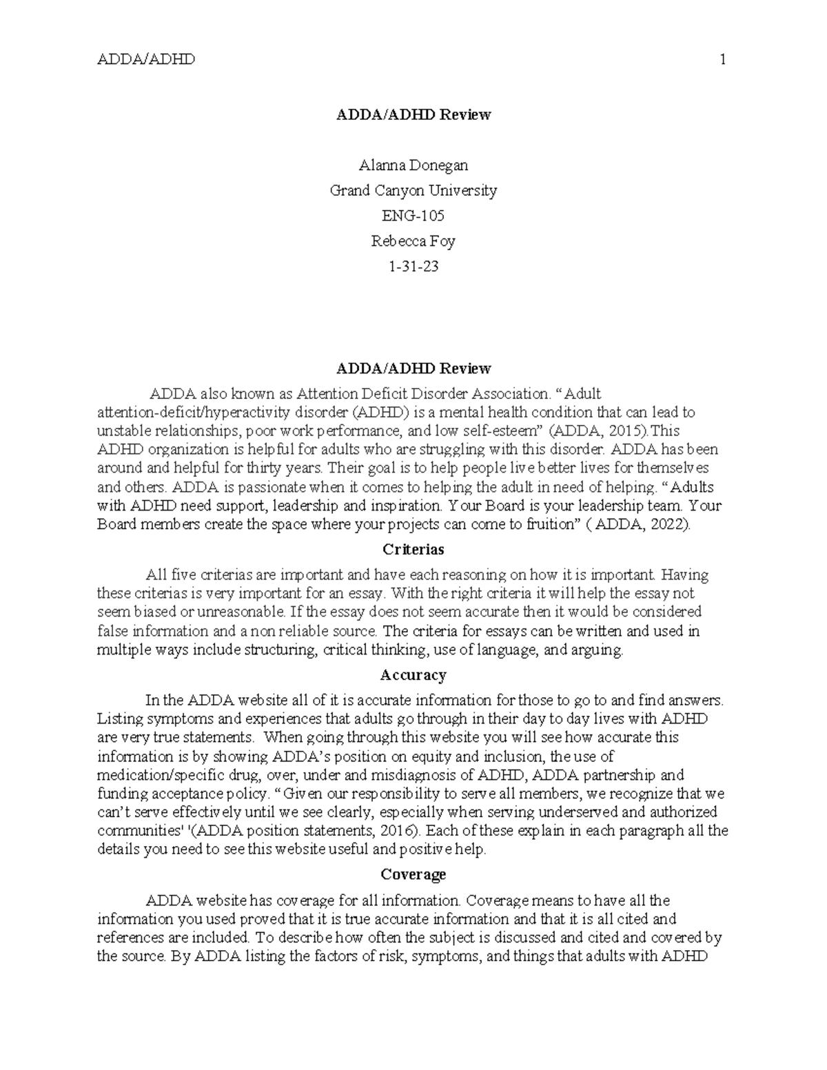 ADHD Report - ADDA/ADHD 1 ADDA/ADHD Review Alanna Donegan Grand Canyon ...