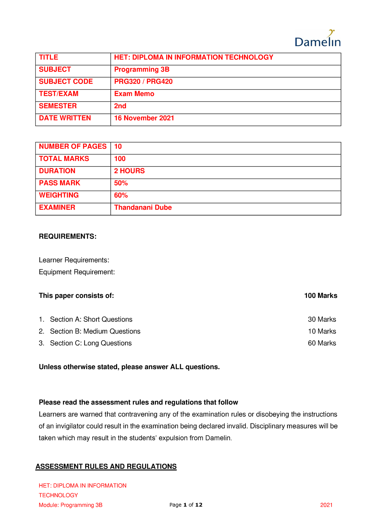 Programming 3B Exam Memo - HET: DIPLOMA IN INFORMATION TECHNOLOGY TITLE ...