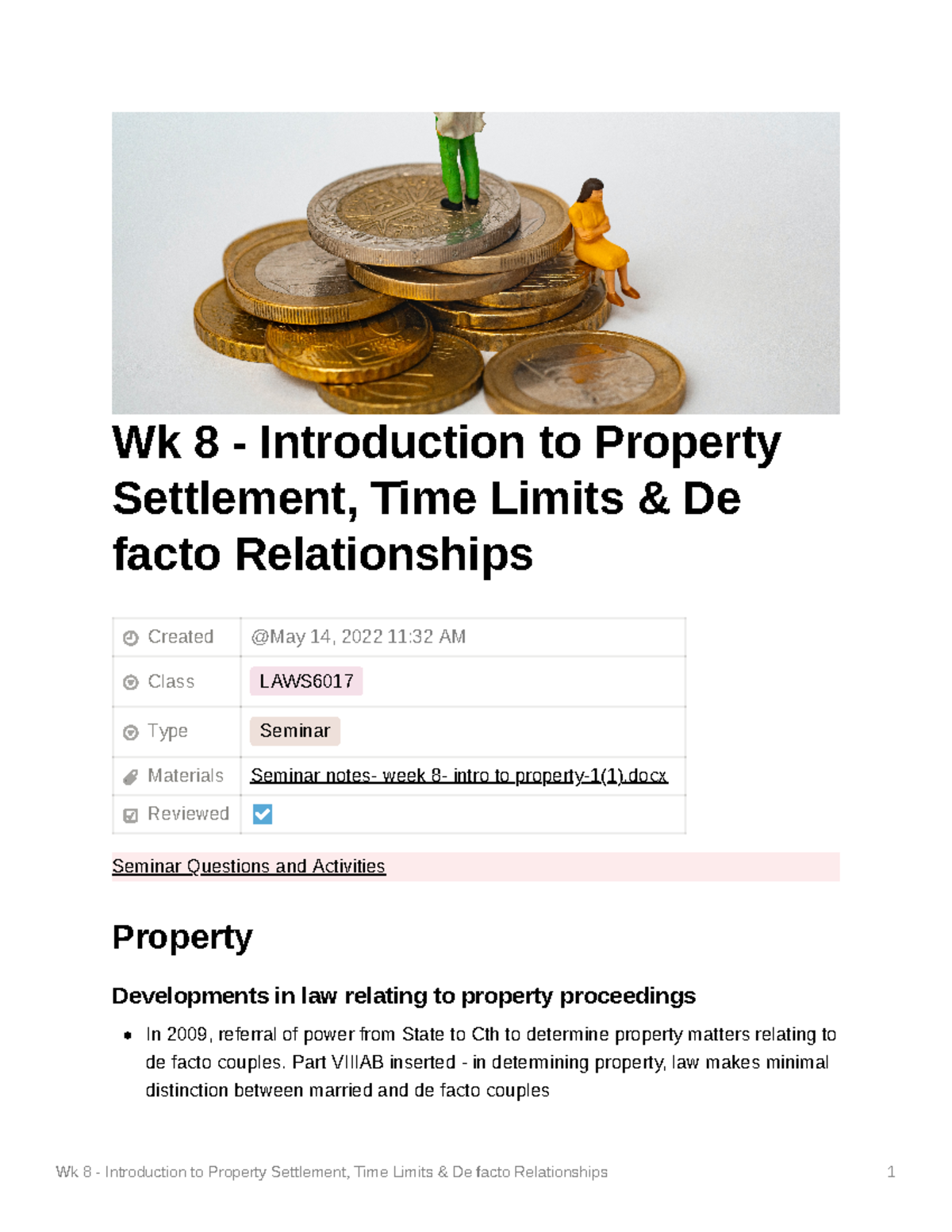 Wk 8 Introduction to Property Settlement Time Limits De facto
