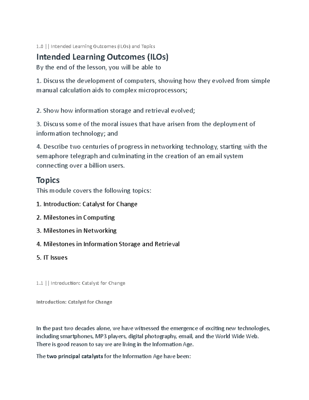 Module 1 Catalyst for Change - 1 || Intended Learning Outcomes (ILOs ...