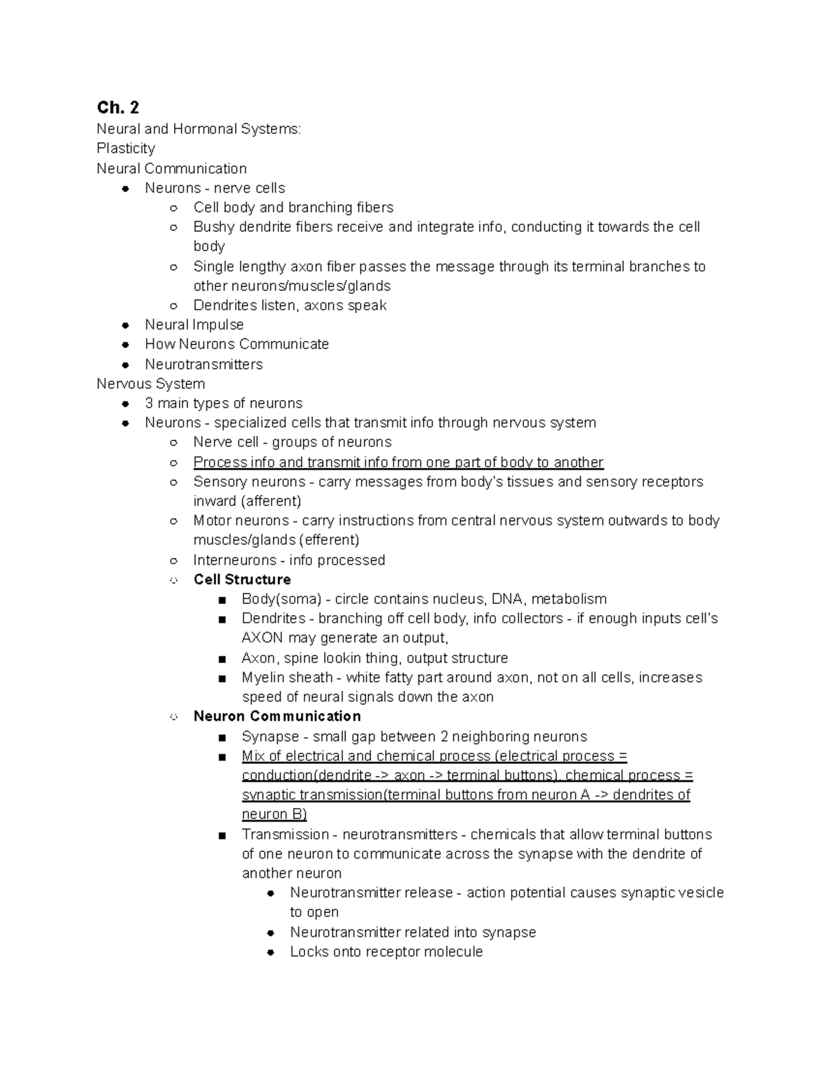 Dr. Day's SW 250 ch. 2 - Ch. 2 Neural and Hormonal Systems: Plasticity ...