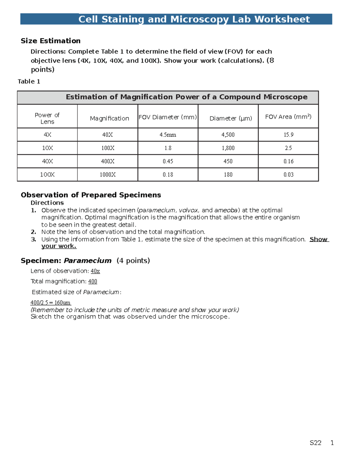 S22 Cell Staining and Microscopy Worksheet-studocu - Size Estimation ...