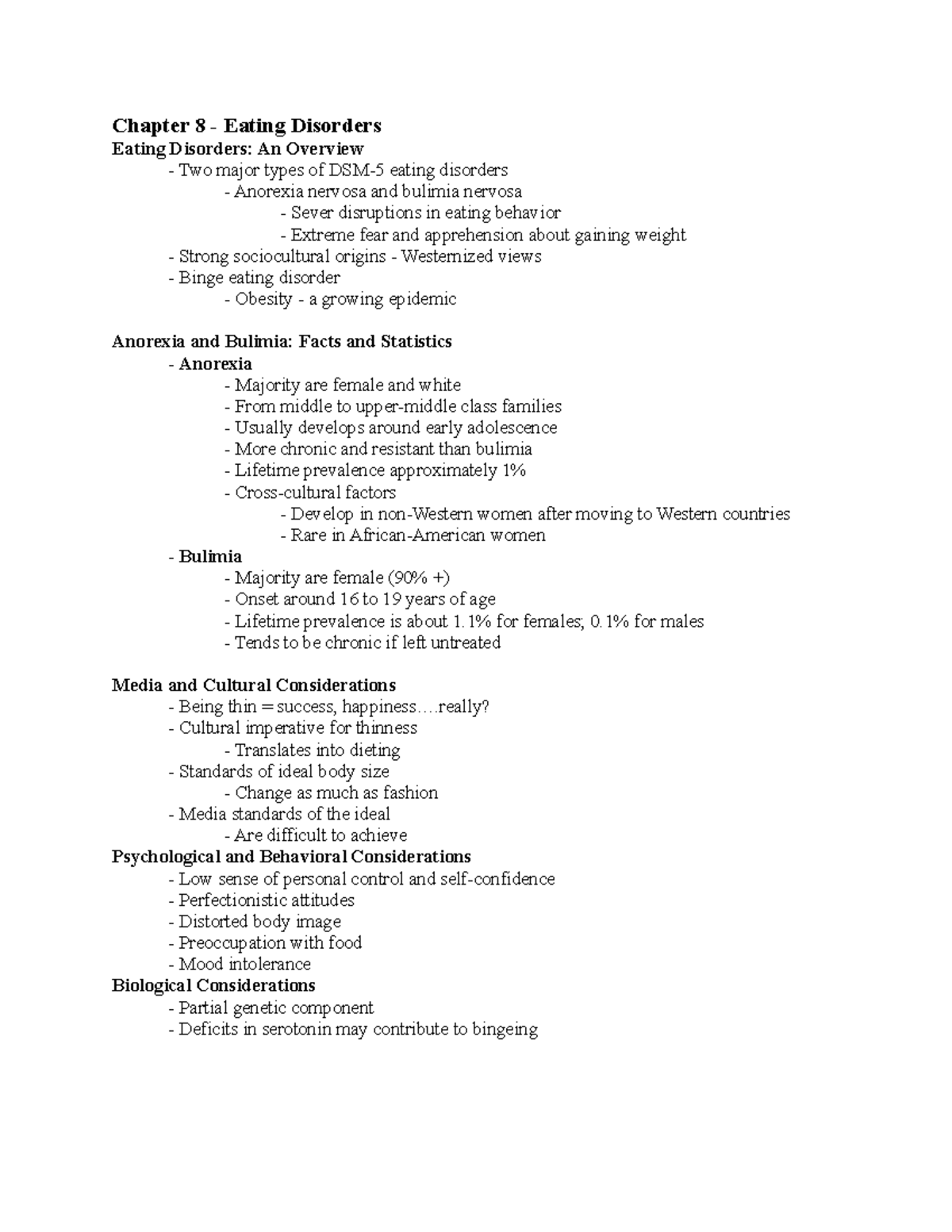 Abnormal Psychology Notes (Exam 4) - Chapter 8 Eating Disorders Eating ...