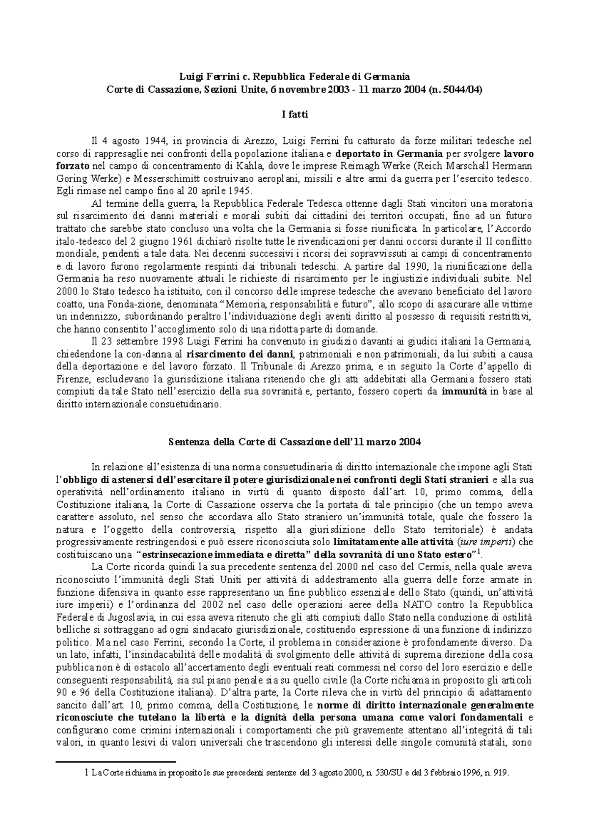 Il caso Ferrini - Luigi Ferrini c. Repubblica Federale di Germania ...