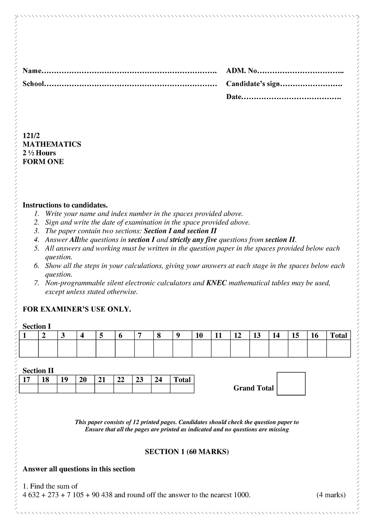 F 1 Mathematics paper form 1 mid term 2 exam 2017 - - Studocu