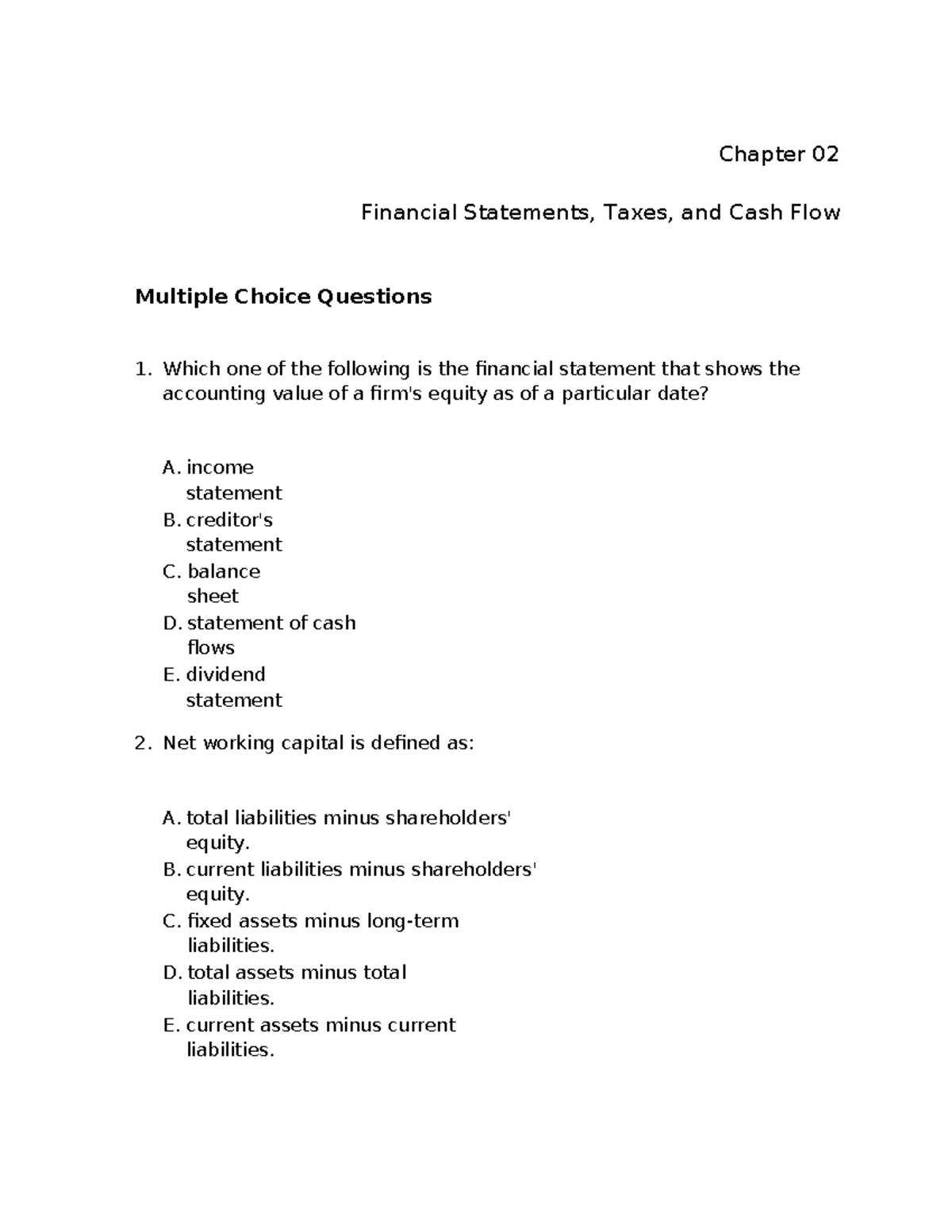 Chap002 - Practice Questions: Financial Statements & Cash Flow ...