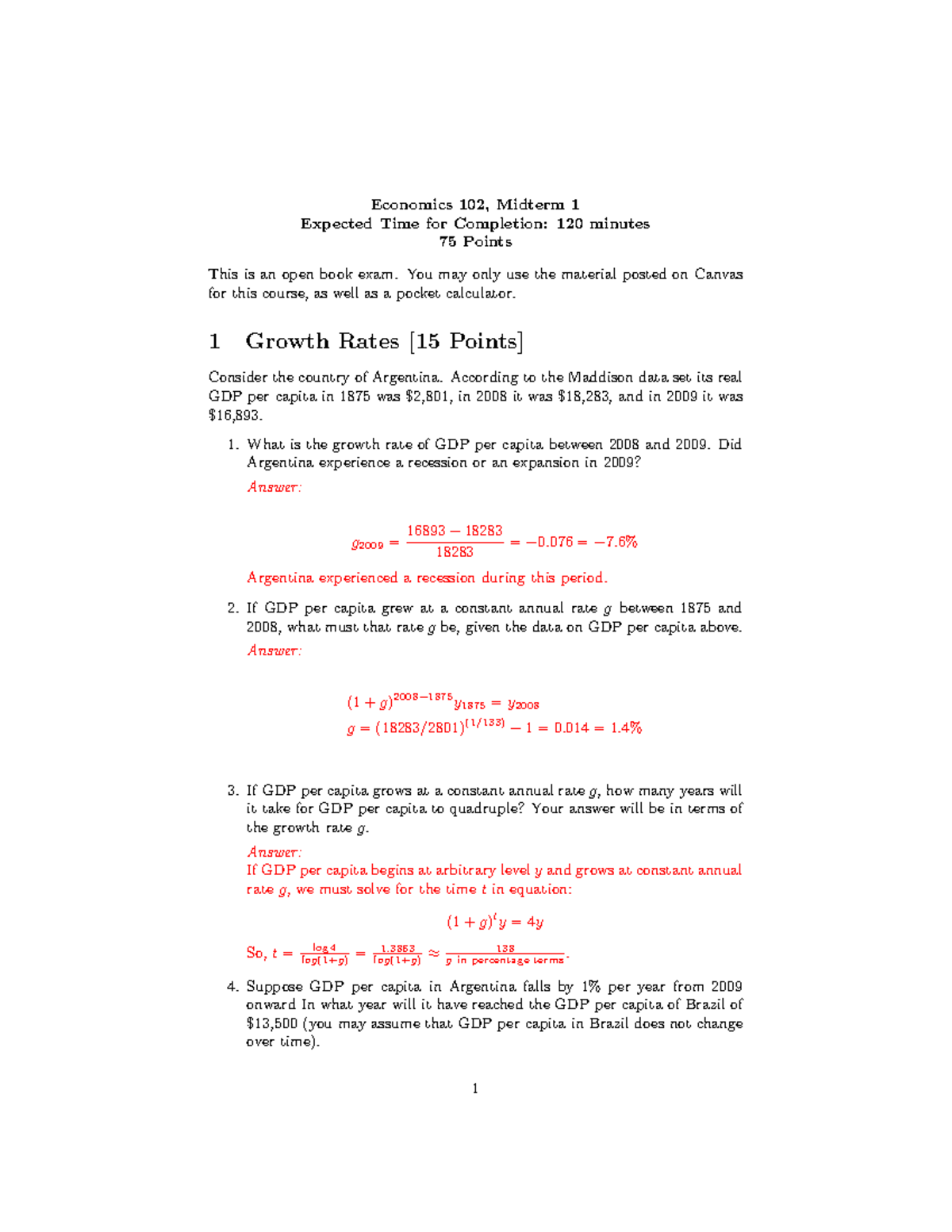 Exam1 Solutions Fall2020 - Economics 102, Midterm 1 Expected Time for ...