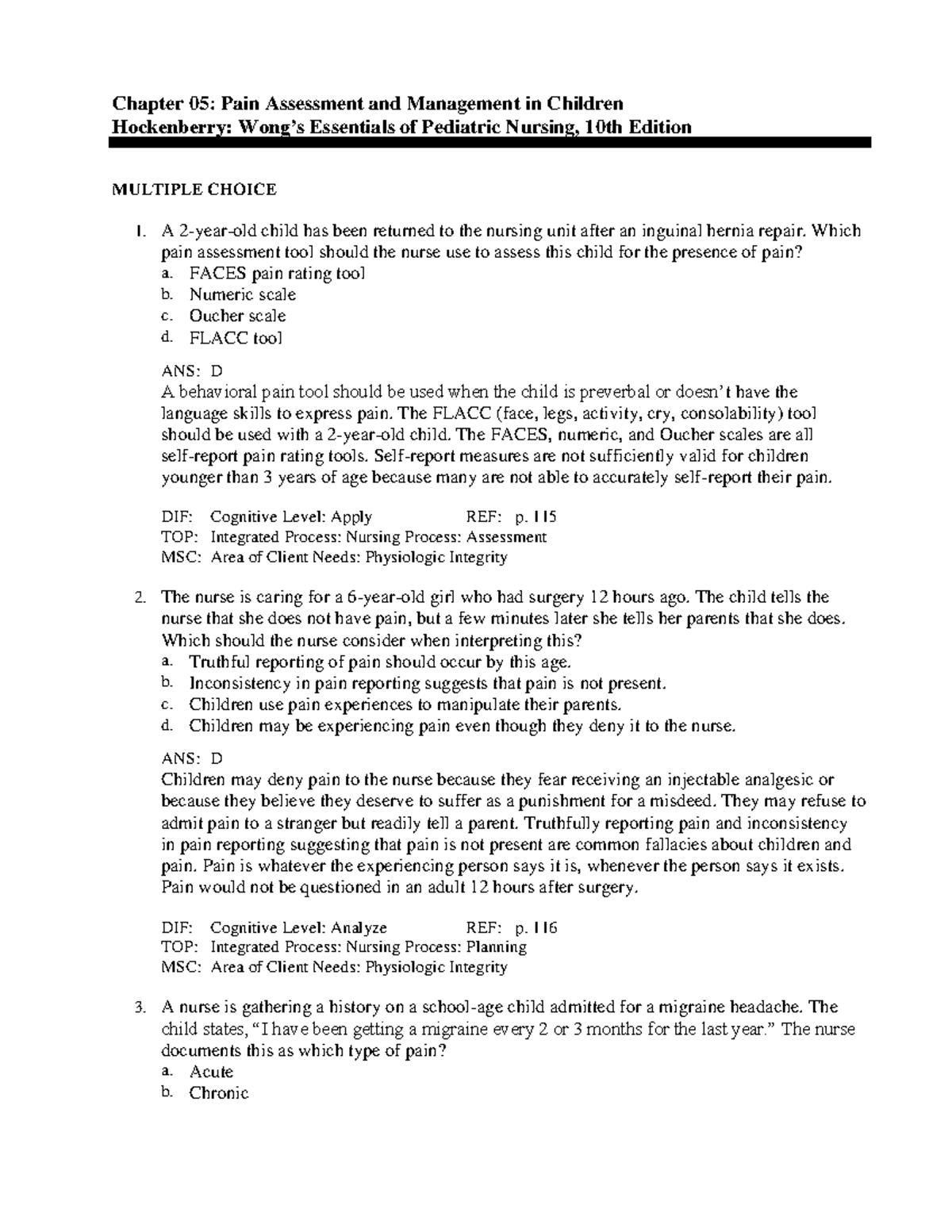 Chapter 5 Test Bank - Chapter 05: Pain Assessment And Management In ...