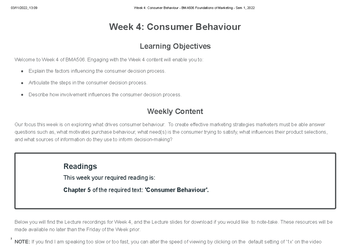 Week 4 Consumer Behaviour - BMA506 Foundations of Marketing - Sem 1 ...