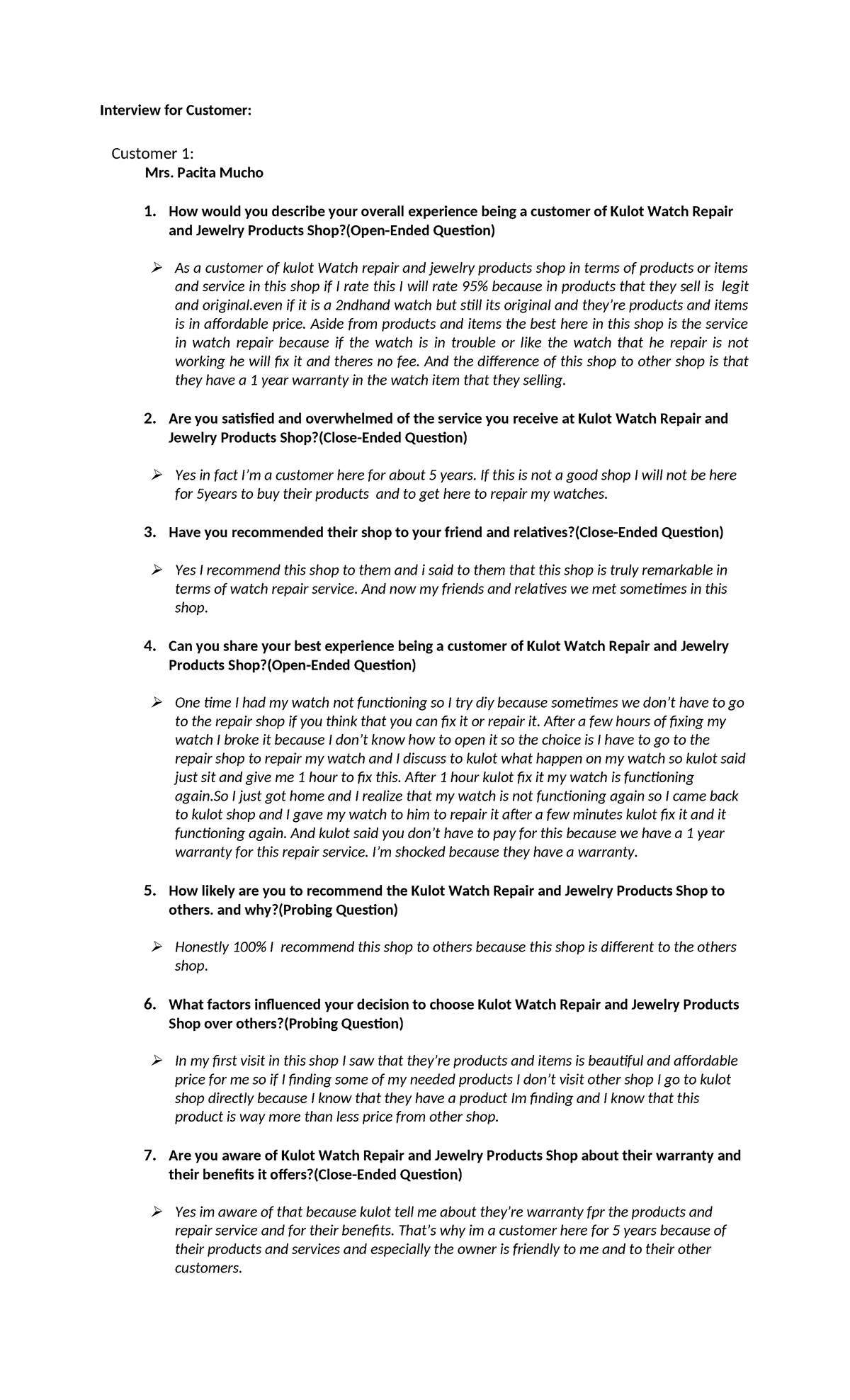 System- Analysis- Final - Interview for Customer: Customer 1: Mrs ...