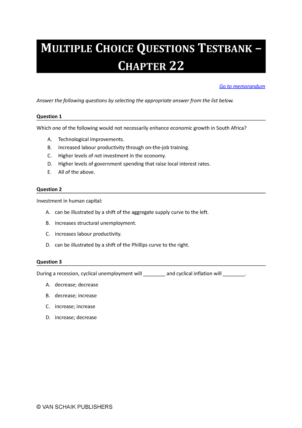 Economics 5 MCQ C22 - MULTIPLE CHOICE QUESTIONS TESTBANK – CHAPTER 22 ...