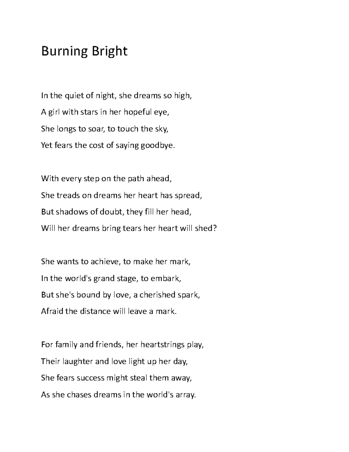 Burning Bright a long poem Burning Bright In the quiet of night