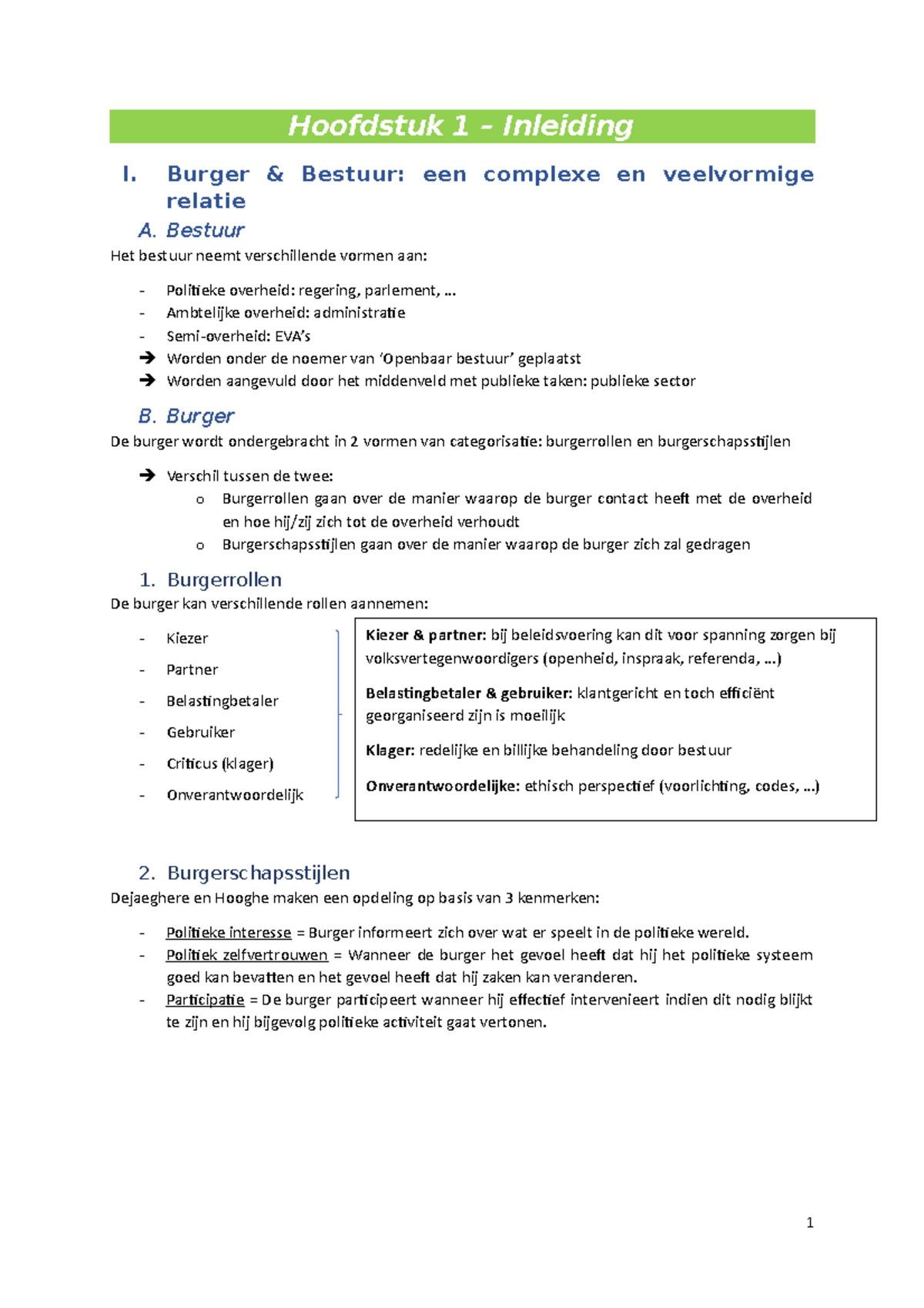 Samenvatting B&B - Hoofdstuk 1 – Inleiding I. Burger & Bestuur: Een ...