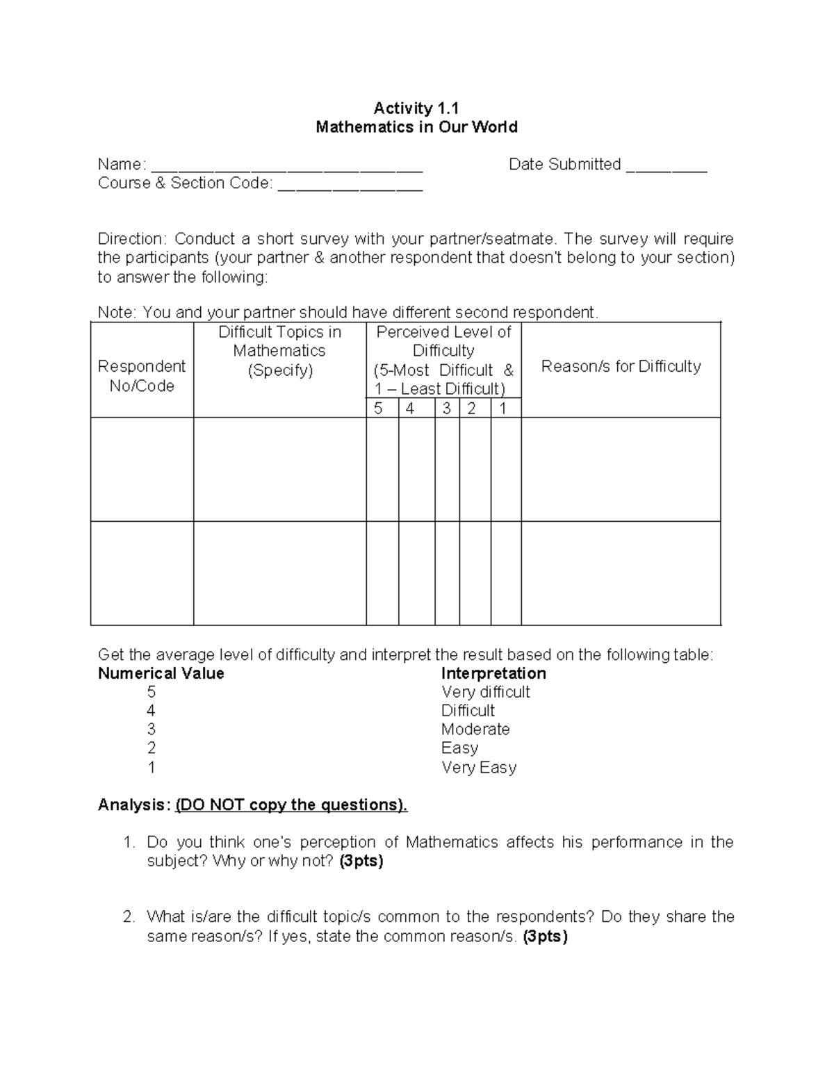 Activity-1 Quick-Survey - Activity 1. Mathematics in Our World Name