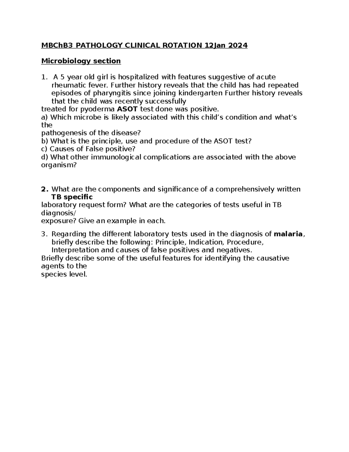 Clinical Rotation Assignment - MBChB3 PATHOLOGY CLINICAL ROTATION 12Jan ...