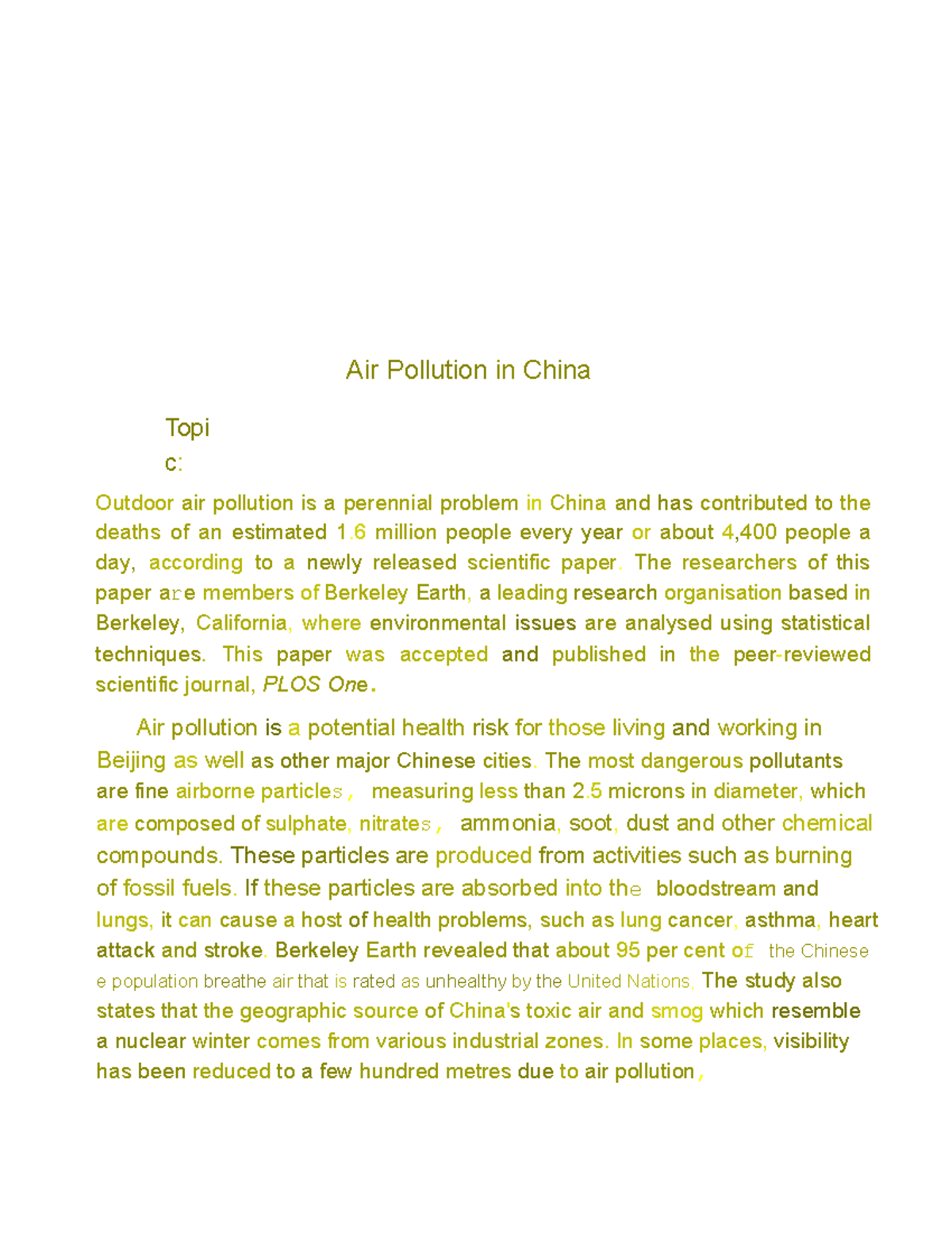 ELC501 passages for topic sentences - Air Pollution in China Topi c ...