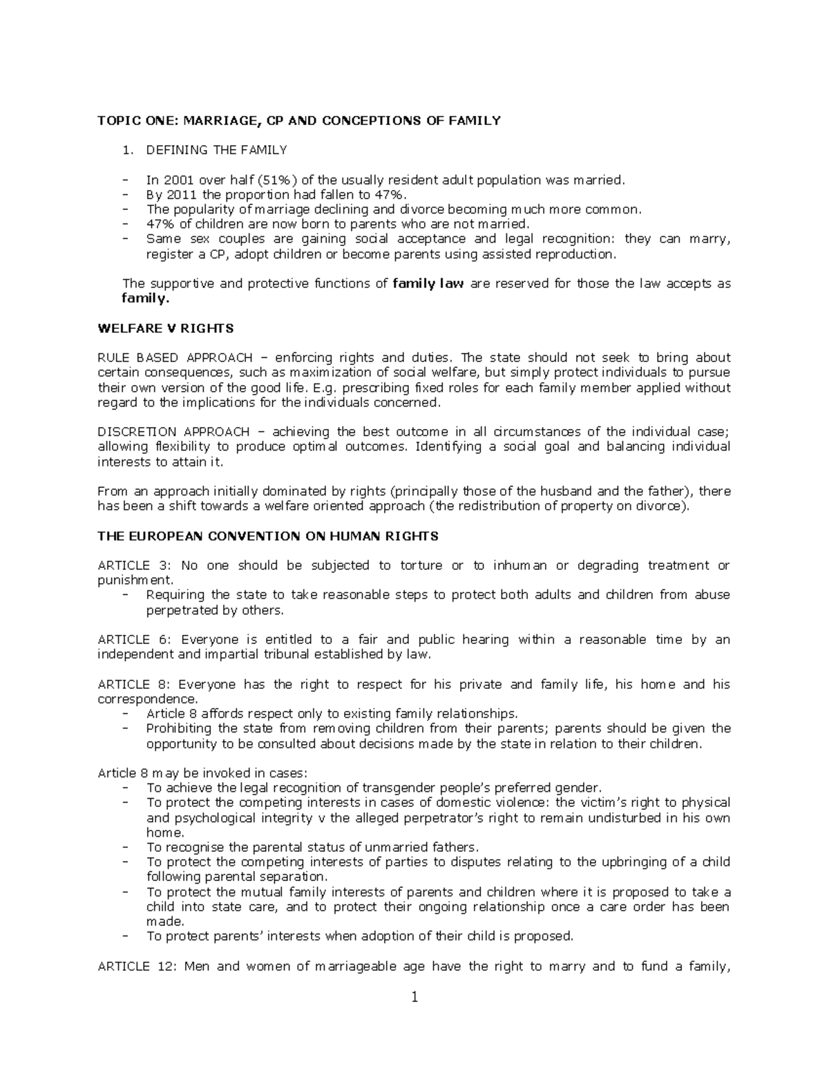 Family Law EXAM Notes TOPIC ONE MARRIAGE, CP AND CONCEPTIONS OF