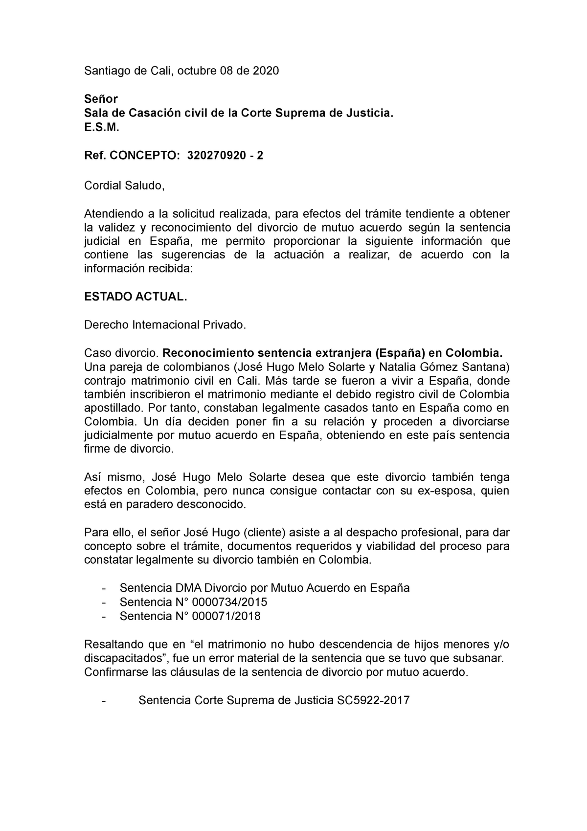 Formato Concepto - Demanda Exequatur ( Final) - Santiago de Cali, octubre  08 de 2020 Señor Sala de - Studocu