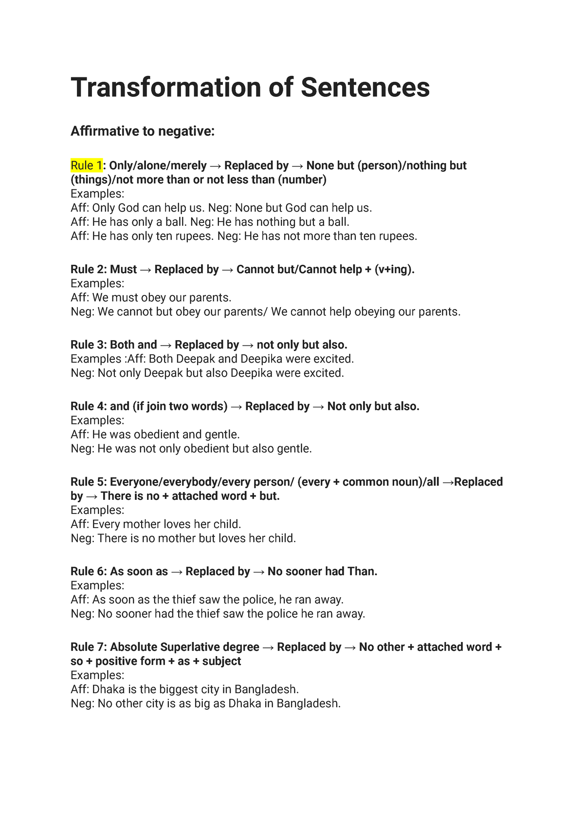 Transformation of Sentences - Transformation of Sentences Affirmative ...