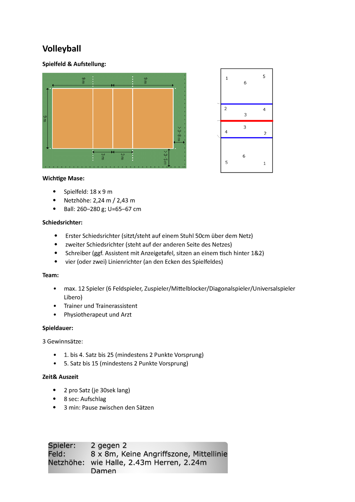 Volleyball Zusammenfassung - Volleyball Spielfeld & Aufstellung: Wichtige Mase: Spielfeld: 18 