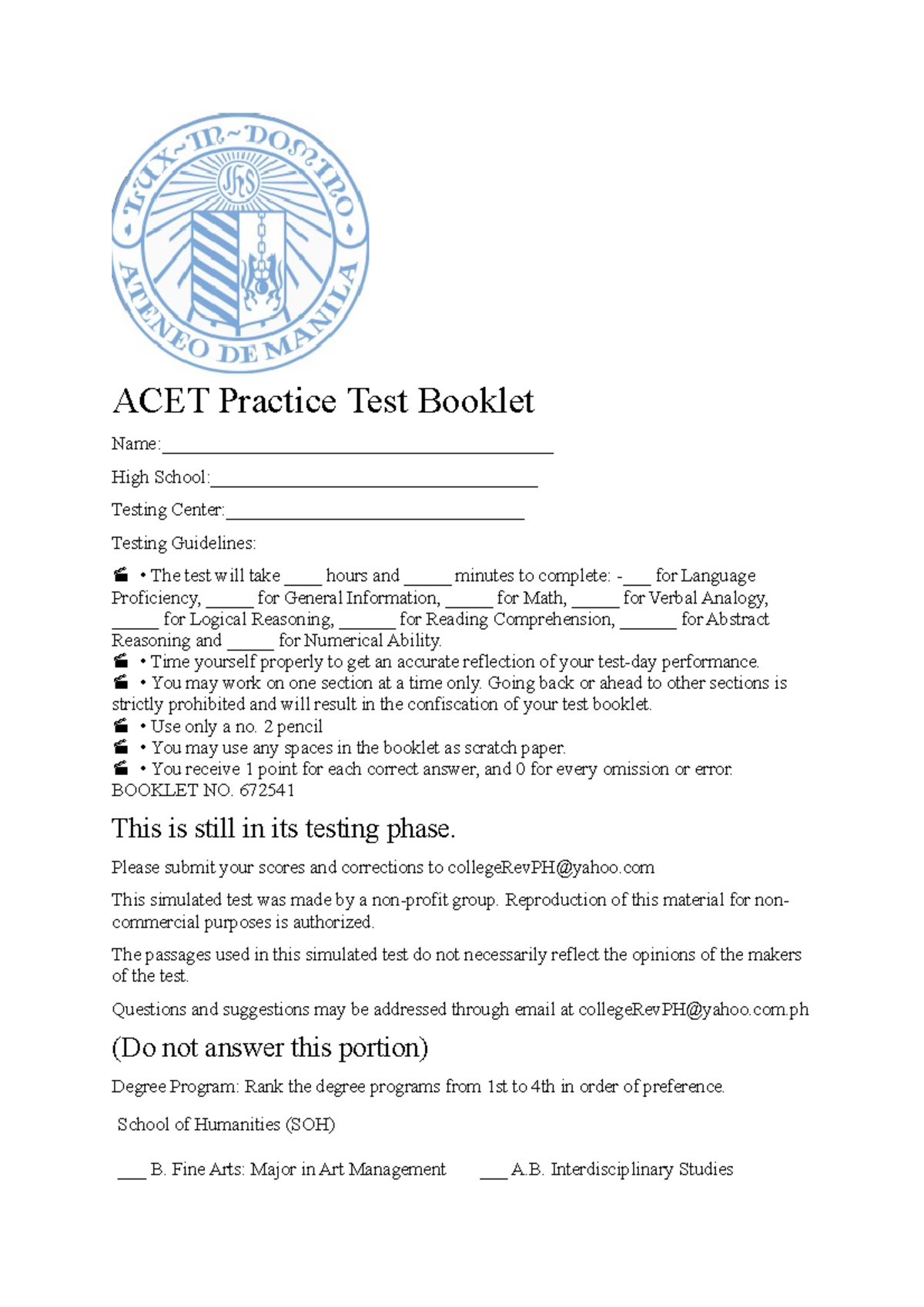 Sample ACET Entrance Exam ACET Practice Test Booklet Studocu