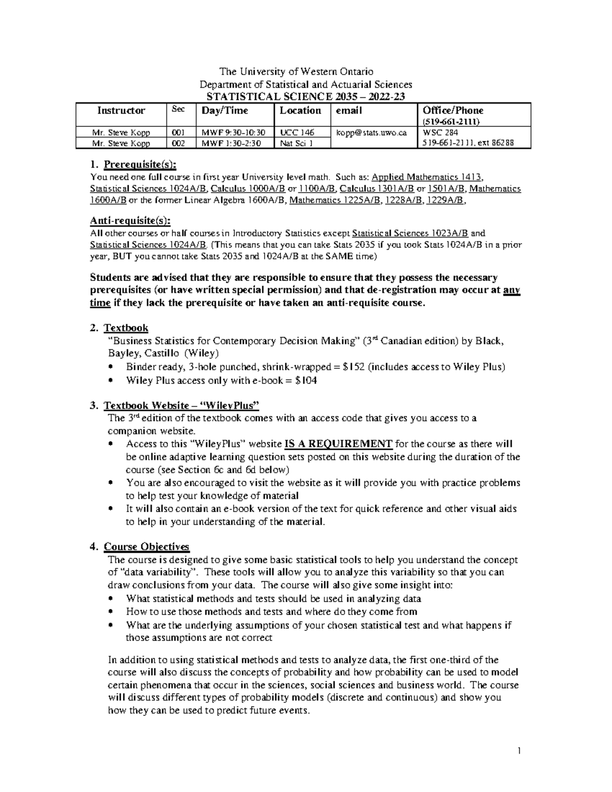 Course Outline Statistics - The University Of Western Ontario 