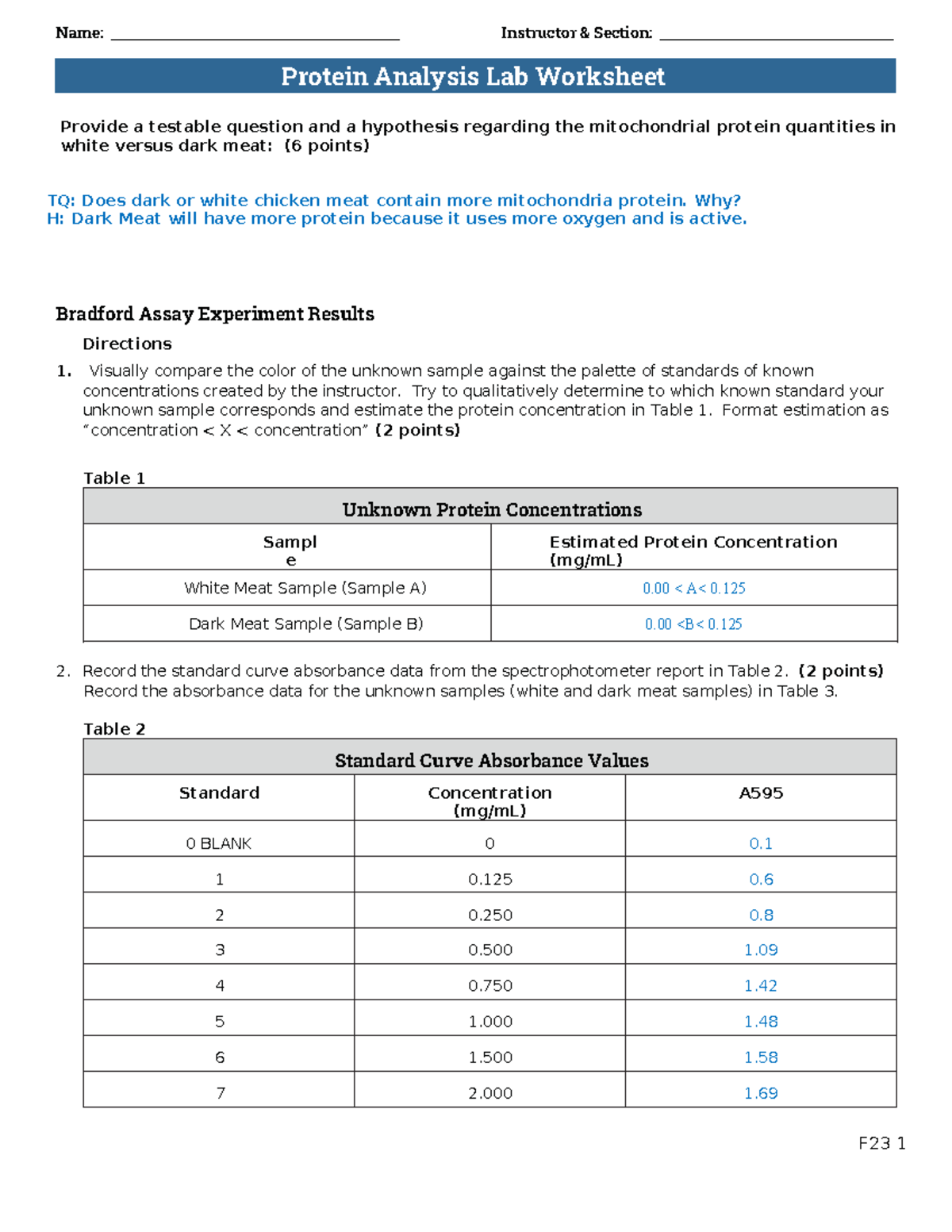 Protein Analysis Lab - lab - Name: Instructor & Section: Protein ...