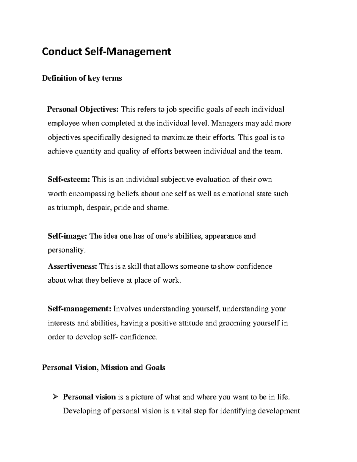 1. Conduct Self-Management - Conduct Self-Management Definition of key ...