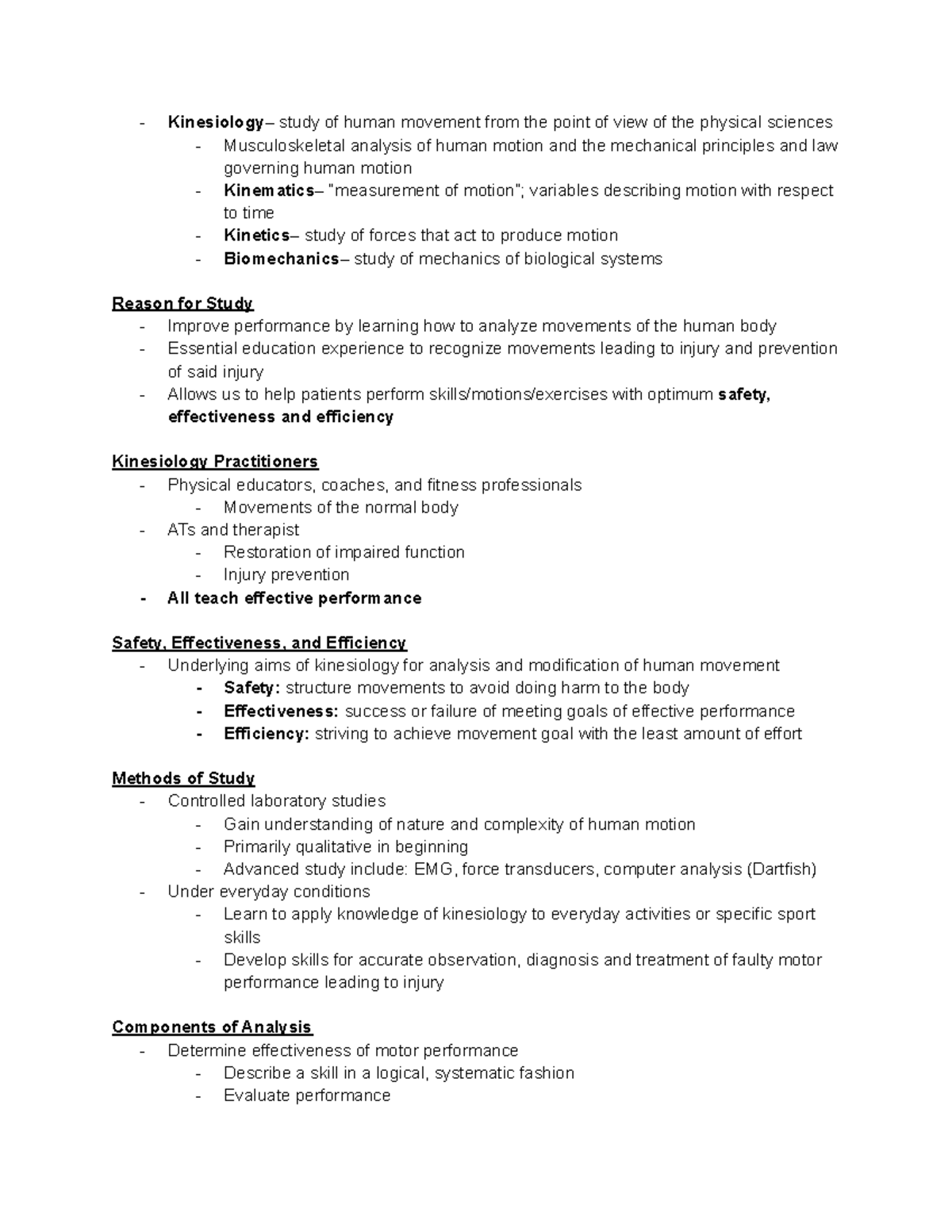 Kinesiology Test 1- Notes - Kinesiology– study of human movement from ...