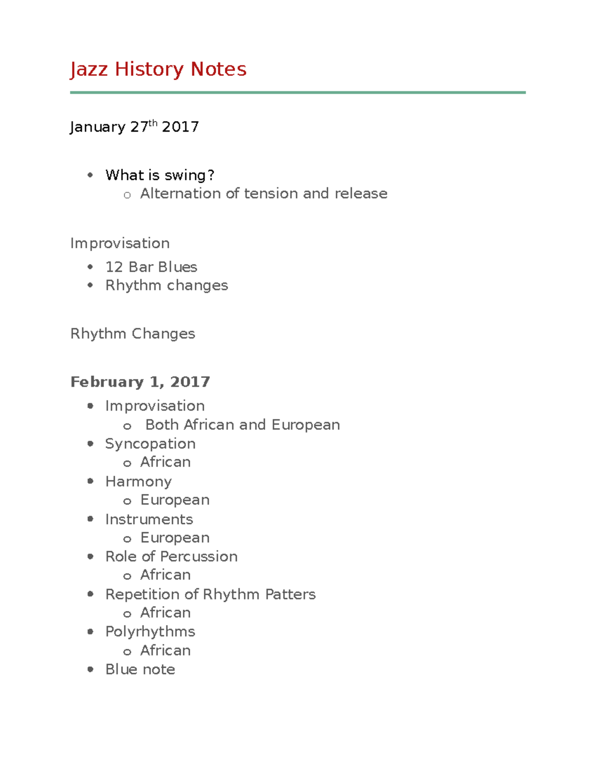 Jazz History Notes Jazz History Notes January 27th 2017 What is swing